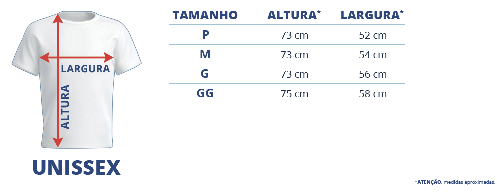 Tamanho disponível para Camisetas Personalizadas