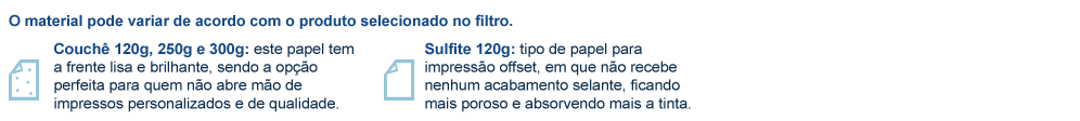 Material disponível para Postal Personalizado e produtos com Entrega 6 Horas