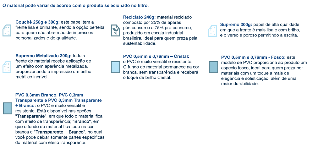 Impressão de Marcador de Página em couchê 250g e 300g, reciclato 240g, supremo e supremo metalizado 300g e PVC 0,3mm Branco e Transparente