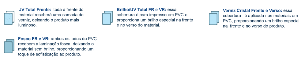 Materiais em PVC com verniz cristal frente e verso, verniz total frente ou brilho verniz frente e verso