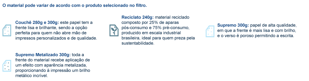 Postal em  papel Couchê 250g e 300g; reciclato 240g; supremo e supremo metalizado 300g