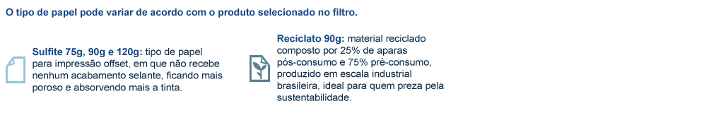 Receituário em  papel sulfite 75g, 90g e 120g; e papel reciclato 90g