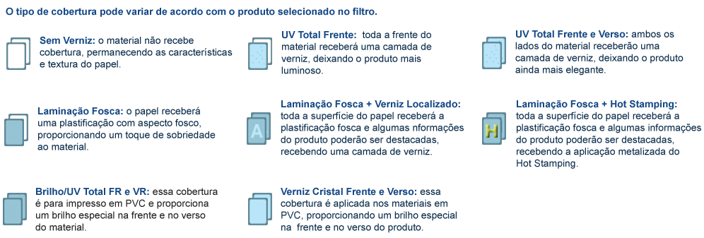 Régua verniz total frente ou frente e verso; laminação fosca, verniz localizado, hot stamping  e brilho verniz frente e verso