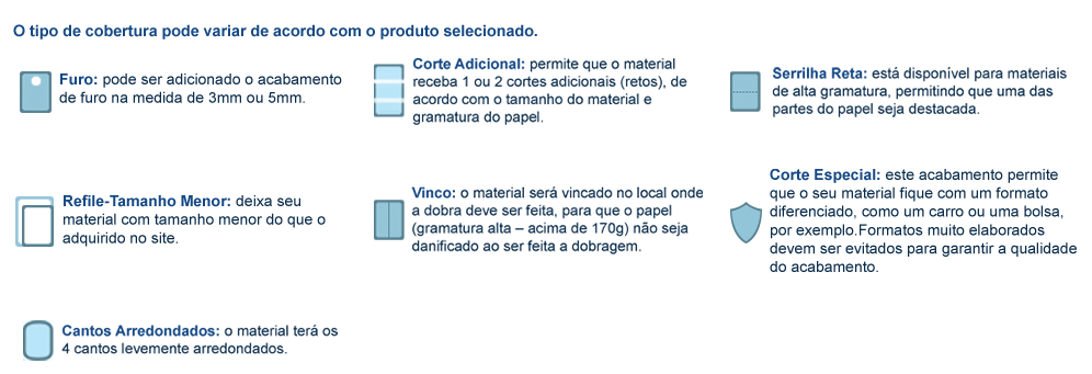 Acabamento opcionais de furo, corte adicional, serrilha, vinco, refile-tamanho menor e corte especial