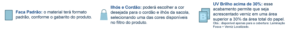 Sacolas com Acabamento incluso faca no formato padrão, Ilhós e cordão; e opcional de verniz acima de 30%