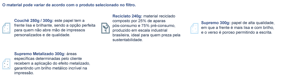 Tag em Papel couchê 250g e 300g, Reciclato 240g, Supremo e Supremo metalizado 300g