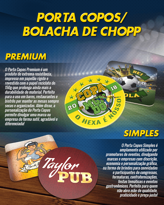 Porta Copos, bolacha de chopp, formato quadrado ou redondo